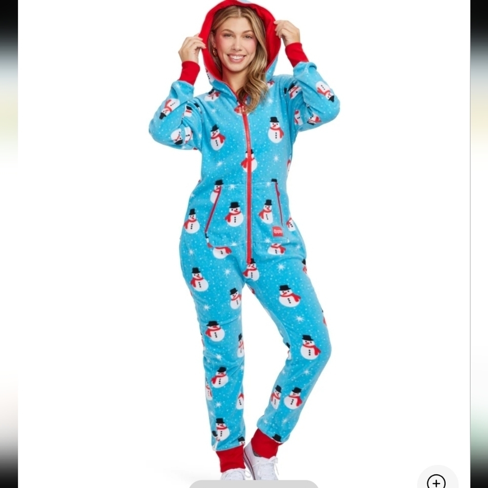 Tipsy Elves, Snowman Is An Island Fleece Jumpsuit, Blue/Red/White, Size Medium